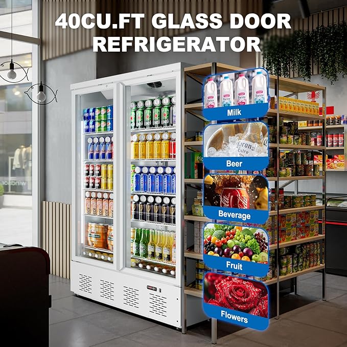30.5 Cu.Ft White Commercial Refrigerators 2 Glass Door Commercial Beverage Refrigerators Upright Display Cooler with Soft LED Light and 10 Adjustable Shelves for Restaurant Grocery Stores Home