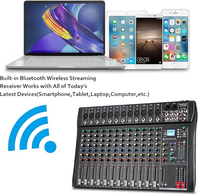 Depusheng DT12 Studio Audio Mixer 12-Channel DJ Sound Controller Interface w/USB Drive for Computer Recording Input, XLR Microphone Jack, 48V Power, RCA Input/Output for Professional and Beginners
