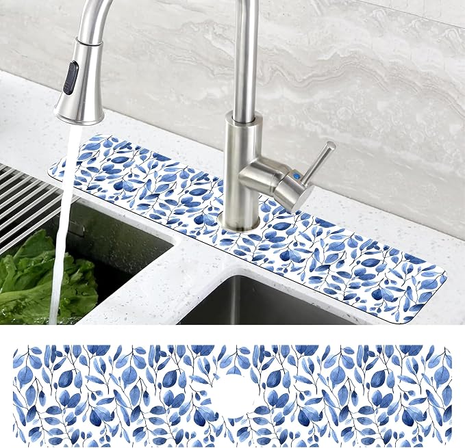 Watercolor Blue Leaves Sink Faucet Absorbing Mat Sink Splash Guard Faucet Mat - Image 4