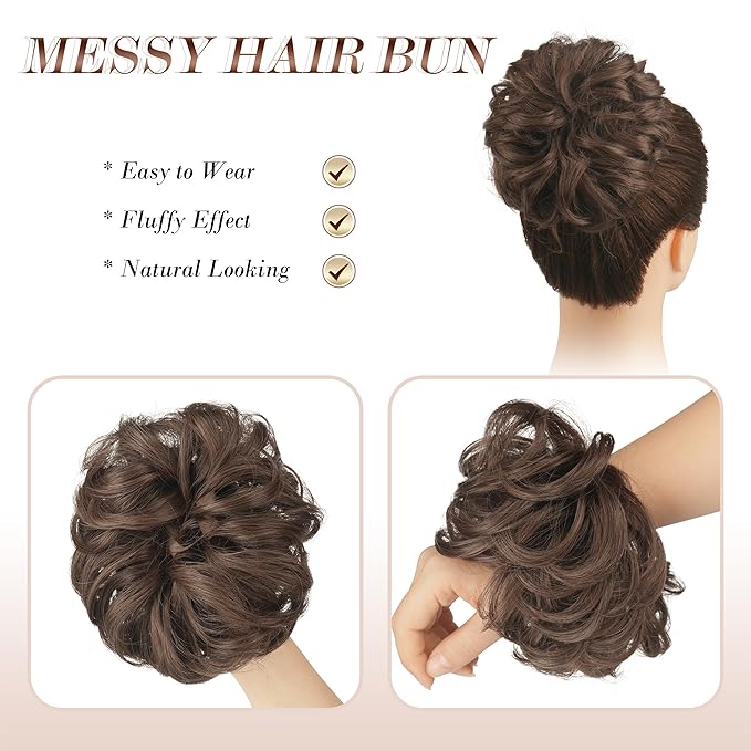 FESHFEN Large Messy Bun Hair Piece - Wavy Synthetic Chignon Scrunchies Elastic Ponytail Hair Extensions Thick Hairpieces for Women, Brunette Brown 1.94oz
