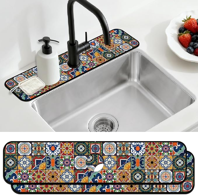 2 Pcs Kitchen Sink Splash Guard Faucet Mat Colored Bohemian Tiles Pattern by CONCHLERY%E6%97%97%E8%88%B0%E5%BA%97