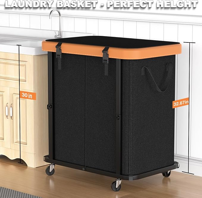 Laundry Basket with Wheels, 190L Leather Patchwork Laundry Hamper 2 Setion - Image 4