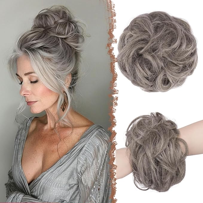 FESHFEN Large Messy Bun Hair Piece - Wavy Synthetic Chignon Scrunchies Elastic Ponytail Hair Extensions Thick Hairpieces for Women, Salt and Pepper 1.94oz