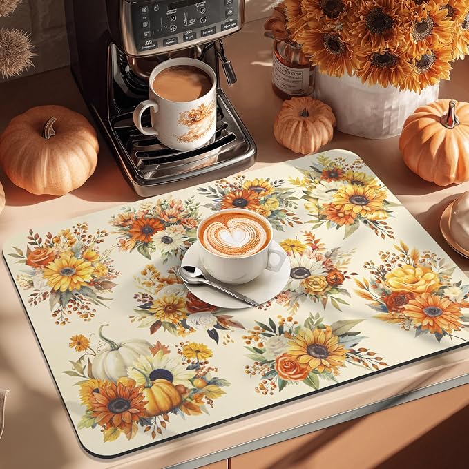 LOKHOM 18"x24" Fall Dish Drying Mat，Autumn Harvest Pumpkin Sunflower | - Image 7
