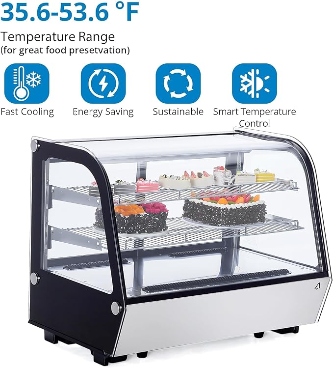 5.6 Cu.Ft Countertop Bakery Display Case – Double Glass Refrigerated, LED Lighting, Adjustable Shelves, Digital Temp Control, for Pastry, Cake, Sushi, 110V