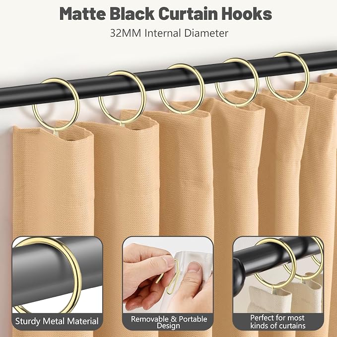 60Pcs 32mm Internal Diameter Curtain Rings and Curtain Drapery Pin Hooks | Gold - Image 4