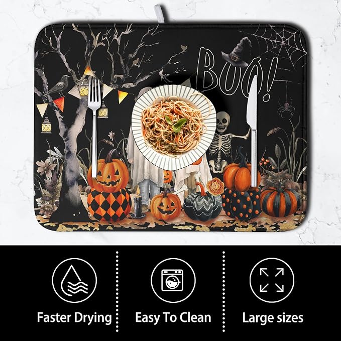 Halloween Dish Drying Mat for Kitchen Counter 16x18 Inch Black Ghost Pumpkins - Image 4