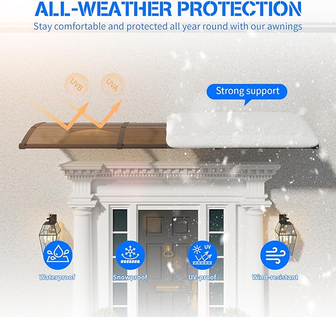 Awning for Door Entrance with Drainage Sink,32x48 Inch Awnings for Doors,Window Canopy Exterior with Plastic Steel Bracket,Polycarbonate Cover,UV,Rain,Snow Protection for House,Porch,Patio,Deck