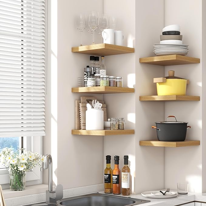 Square Floating Shelves for Wall 12"W x 12"D x 1.2"H, Small Engineered Wood Wall Shelves with Invisible Brackets for Living Room Bedroom Bathroom Office Kitchen Storage & Decor, Oak Finish, Set of 3