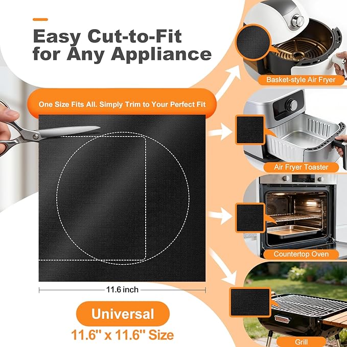 Updated 4 Pack 11.6"x11.6" Toaster Oven Liners for Bottom of Oven, Reusable Non-Stick Heat Resistant Air Fryer Liners, Compatible with Ninja, Breville, Cuisinart, Cosori, Black & Decker, Emeril