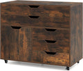 File Cabinet, Rustic Filing Cabinet w/Universal Wheels, Wood Printer Stand w/Storage, Rolling File Cabinets for Home Office, Living Dining Room (Rustic Brown, 2 Large Drawers & 3 Small Drawers)