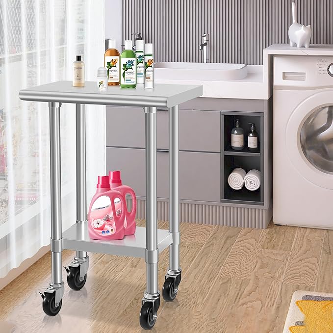 HARDURA Stainless Steel Commercial Table Prep & Work Table with Casters Heavy Duty Metal Table with Wheels NSF 430 14×24 Inches