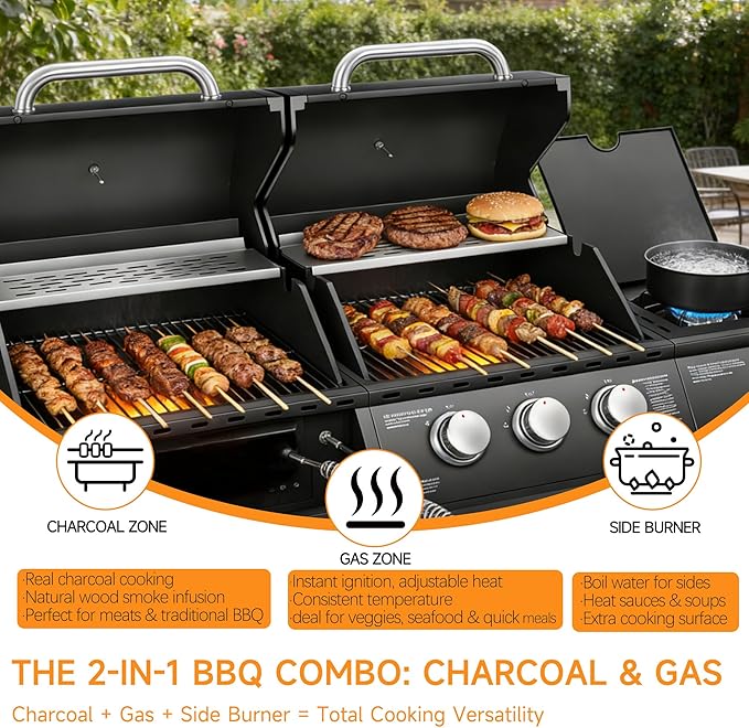 Dual Fuel Grill Combo Propane Gas & Charcoal Grill with Side Burner, 3+1 Burners 40,000 BTU Total, 713.5 Sq In Cooking Area, Adjustable Charcoal Tray & Stainless Steel Cabinet (Gas + Charcoal Combo)