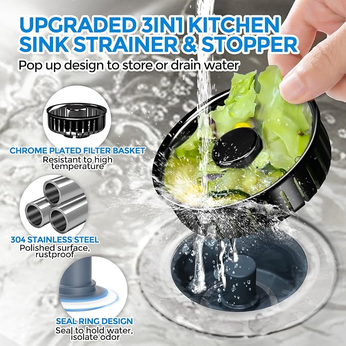 zaa 3 in 1 Kitchen Sink Drain Strainer Stopper Removable Basket Pop-Up - Image 2