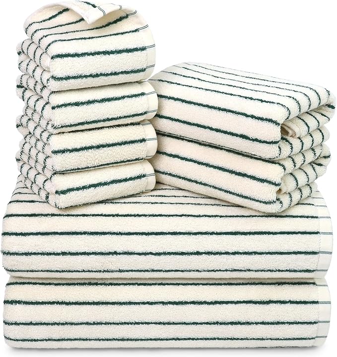 8 Piece Green Towel Set, Super Soft & Absorbent Cotton Striped Towels | by Jacquotha
