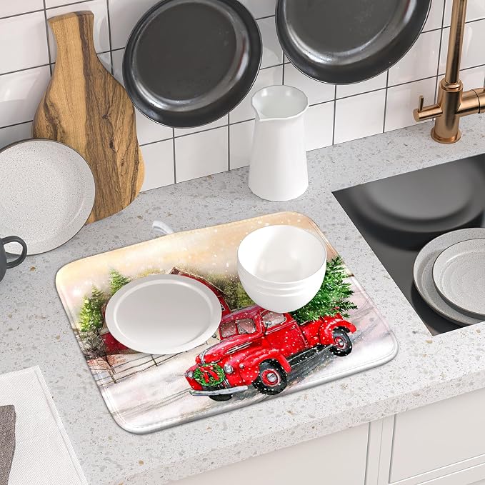 Red Truck Dish Drying Mat Xmas Tree Dish Drainer Rack Mat Winter Microfiber - Image 6