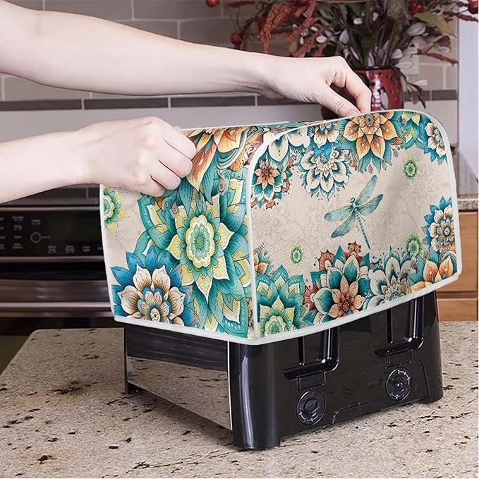UNICEU Boho Floral Dragonfly 2 Slice Toasters Cover, Reusable Kitchen Accessories Dust-proof Toasters Cover Bread Maker Cover Kitchen Small Appliance Dust Cover