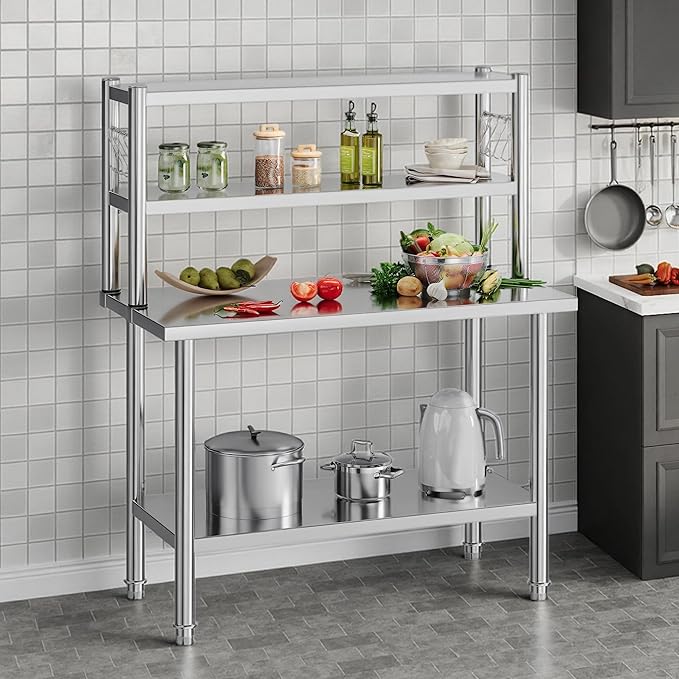 48"x24" NSF Stainless Steel Work Table with Overshelves, Adjustable Shelf & Hooks, NSF-Certified Heavy-Duty Prep Station for Commercial Kitchen, Restaurant, or Garage