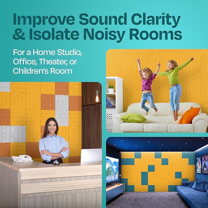 Acoustic Panels 12-Pack Soundproof Wall Panels 12"x12"x0.4" Decorative Sound Dampening for Your Home, Office, Studio, Bedroom & More with Unique ModuArc Carving [Yellow Orange Gold]