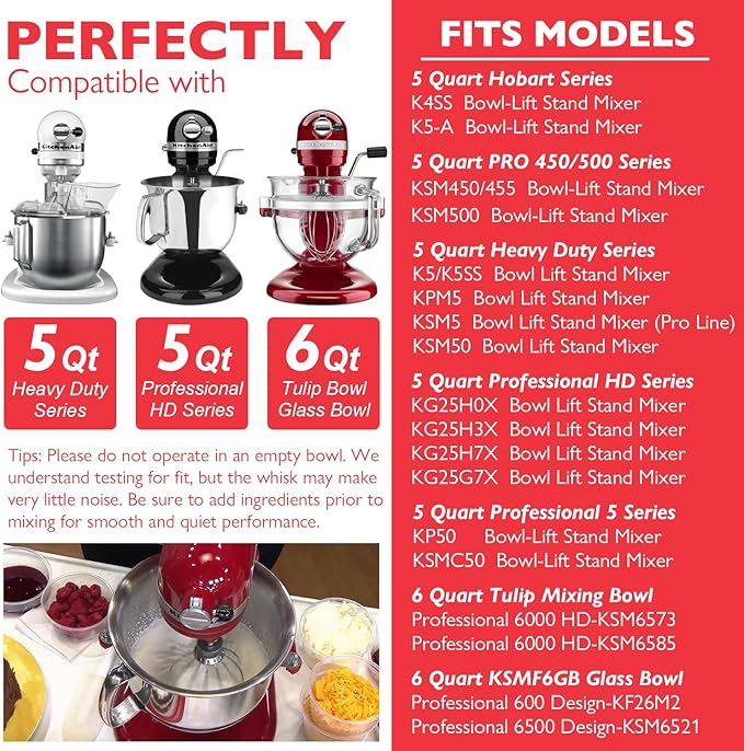 Stainless Steel K5A Whisk and Flat Beater for KitchenAid 5 Quart Bowl Lift Stand Mixer, Compatible with KG25, KSM5, K4SS, K5SS, KSM50, KP50, Heavu Duty and Dishwasher Safe
