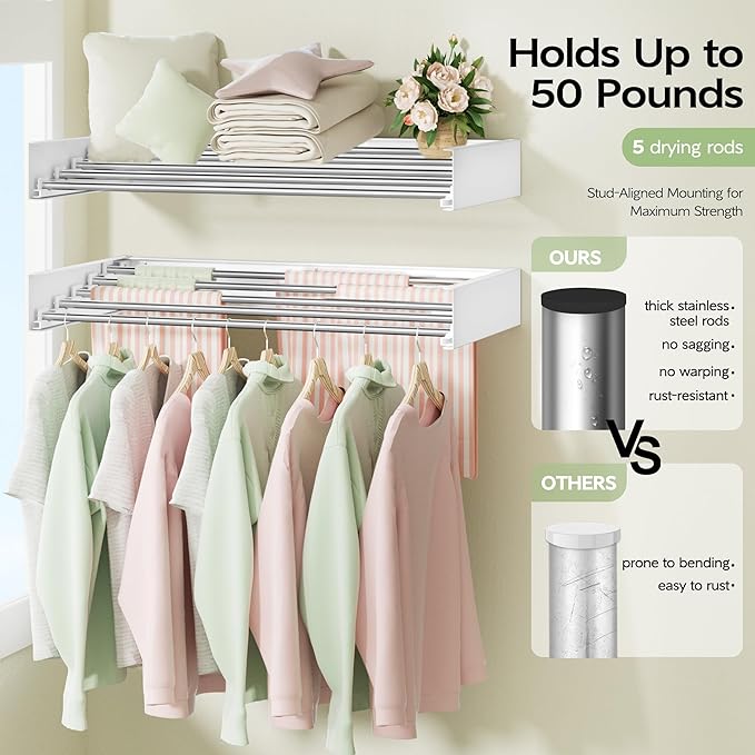 Vikaqi Wall Mounted Clothes Drying Rack 32", Foldable Wall Laundry Rack | - Image 3