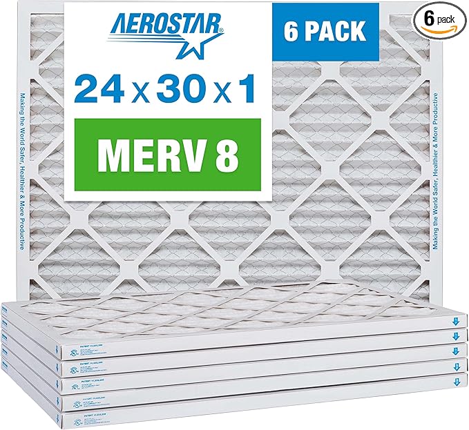 Aerostar 24x30x1 MERV 8 Pleated Air Filter, AC Furnace Air Filter, 6 Pack (Actual Size: 23 1/2" x 29 1/2" x 3/4")