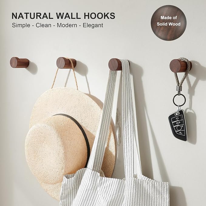 Wood Wall Hooks for Hanging, 4 Pack Rustic Coat Hooks Wall Mount, Handmade - Image 2
