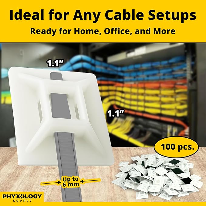 Large, Premium Zip Tie Adhesive-Backed Mounts 100 Pk by Phyxology Supply. Pro-Grade, UV White Cable Tie Bases: 1.1 in x 1.1 in. Screw-Hole Anchor Point Gives High-Strength Durability for Long-Term Use