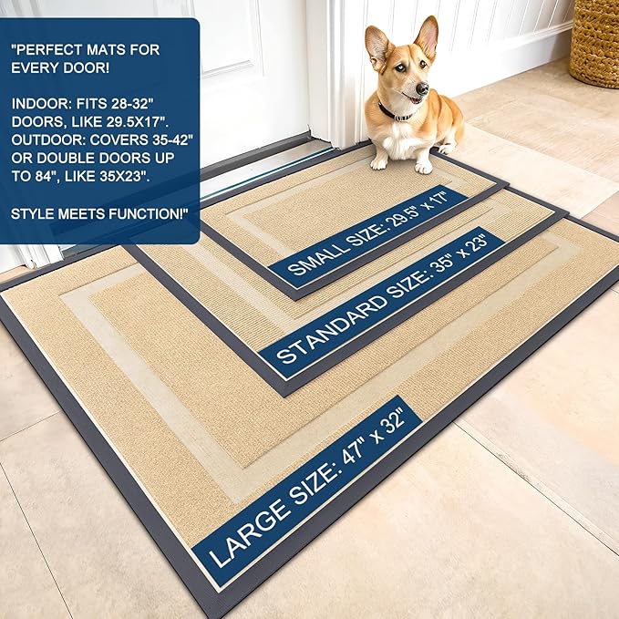 OLANLY Front Door Mat Indoor Outdoor Entrance, Waterproof All-Season, All-Weather Doormat, Sturdy Natural Rubber, Fade Resistant, Low Profile, Easy Clean Patio Porch Entryway Mat, 59x30, Beige