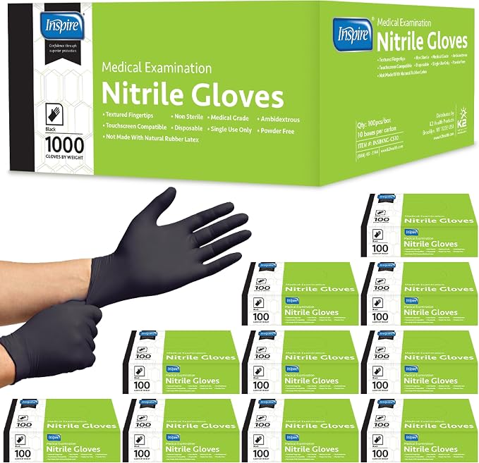 Inspire Black Nitrile Disposable Gloves | 4.5 Nitrile Disposable Safety Medical by Inspire