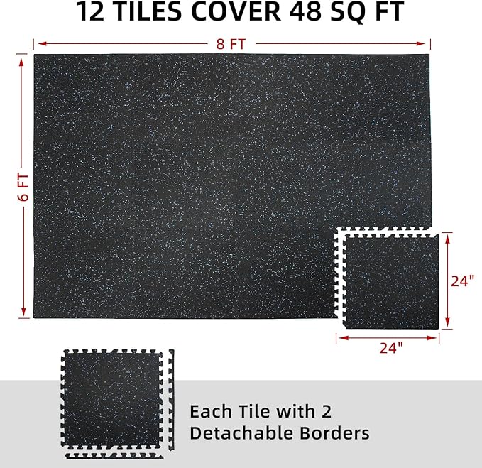 0.56in Thick 48 Sq Ft Exercise Equipment Mats, 12 Tiles Rubber Top EVA Foam Workout Mats, Interlocking Gym Flooring for Home Gym, 24 x 24in, Black & Blue