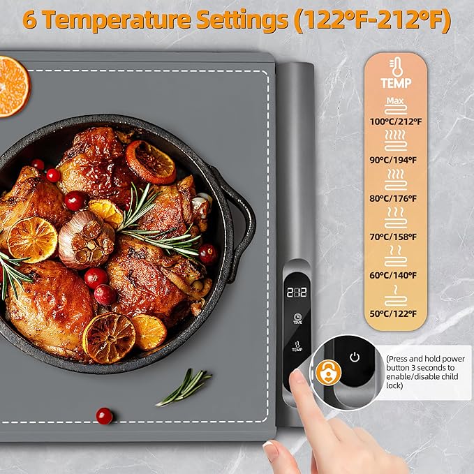 Graphene Warming Mat for Food - Fast Full Surface Heating, Extra Large (XXL 36”x 16") Electric Warming Trays for Buffets Party Countertop with 6 Temp & Timer Settings, Gifts for Mom Wife, Gray