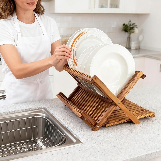 Utoplike Large Teak Dish Drying Rack, Wood Collapsible Organizer - Image 2