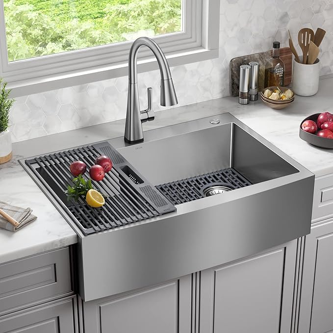 DELTA FAUCET Delta Lenta 33-inch Retrofit Farmhouse Apron Front 16 Gauge Stainless Steel Single Bowl Kitchen Sink for Undermount/Drop-In Installation with Accessories, 95J132-T33S-SS