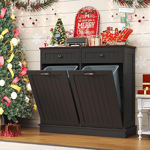 Tilt Out Trash Can Cabinet Dog Proof with Double Wood Hidden Trash Can Holder, Kitchen Free Standing Recycling Cabinet（Black）