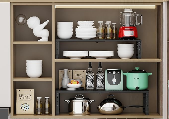 Expandable Adjustable Stackable Kitchen Organizer, Spice Rack,Metal Pantry Storage Shelves Racks,Counter Shelf for Cabinets, Countertop, Cupboard(1 Pack/Medium/Black)