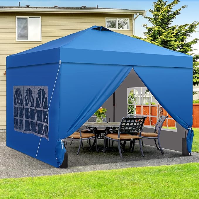 Saemoza 10x10 Pop Up Canopy Tent with One Push Setup, Portable Sun Shade Tent, Instant Easy Up Canopy with 4-Sidewalls & Handbag, Outdoor Fldable Gazebo with Vent Top, Blue.