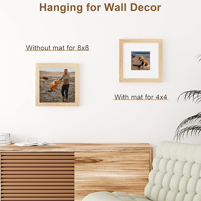 Vittanly 8x8 Picture Frame, Solid Wood Frame with Plexiglass, Includes 4x4 Mat, Wall Hanging or Tabletop for Home Decor, Natural, 1 Pack