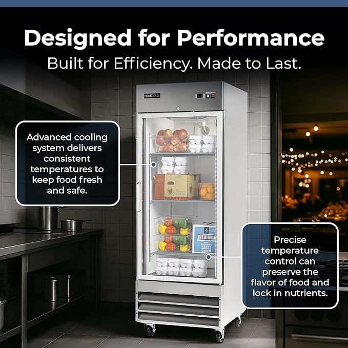 PEAKCOLD Single Glass Door Commercial Refrigerator - 23 Cubic Ft, 29" Wide Stainless Steel Reach-In Commercial Refrigerator with White Internal Lighting - Freestanding Industrial Fridge
