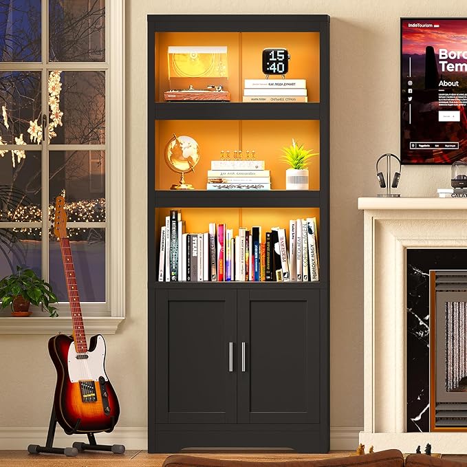 Book Shelf and Bookcase with Doors, 5-Tier Display Storage Cabinet with Adjustable Shelves, Open Compartments, Remote Control LED Lights, Tall cabinet for Bathroom Kitchen Living Room, Home Office
