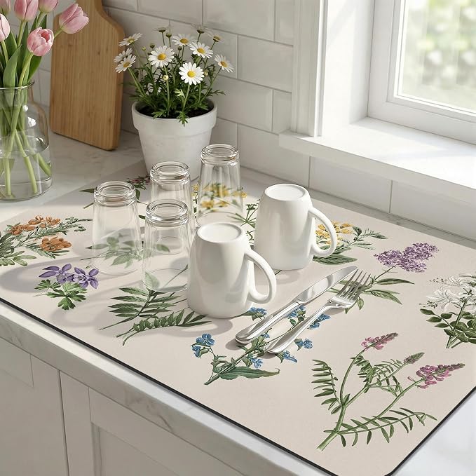 LOKHOM 17"x28" Dish Drying Mat，Vintage Sage Flower Herb Coffee Mat | Ultra - Image 5