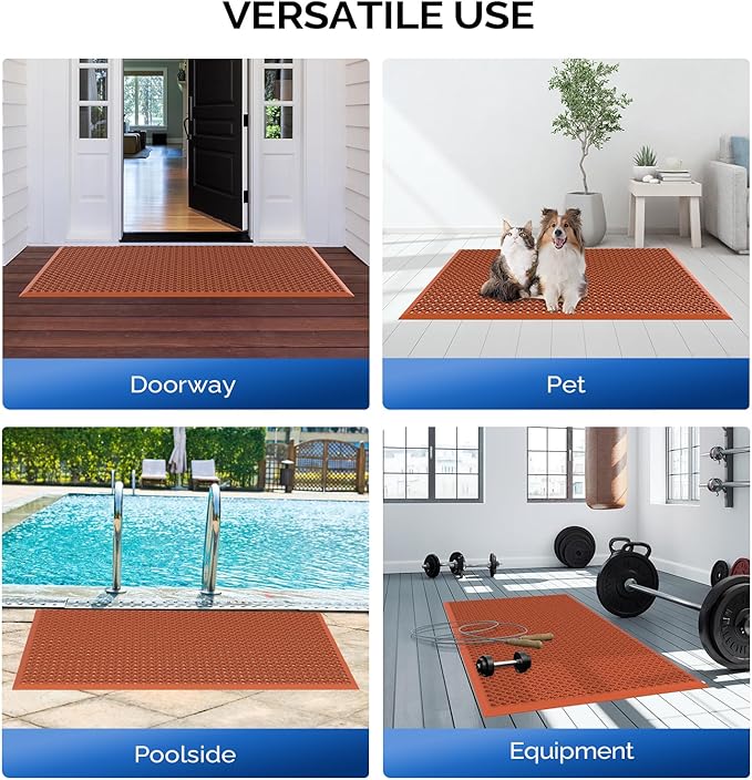 ROVSUN Rubber Floor Mat with Holes, Anti-Fatigue/Non-Slip Drainage Mat, for Industrial Kitchen Restaurant Bar Bathroom Utility Garage Pool Entry Door Mat, Indoor (36'' x 60'' Red 2Pcs)