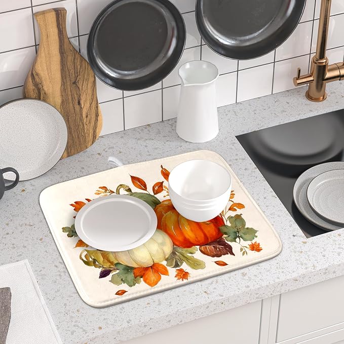 Giwawa Fall Pumpkin Dish Drying Mat Autumn Leaves Absorbent Dishes Pad 16x18 - Image 6