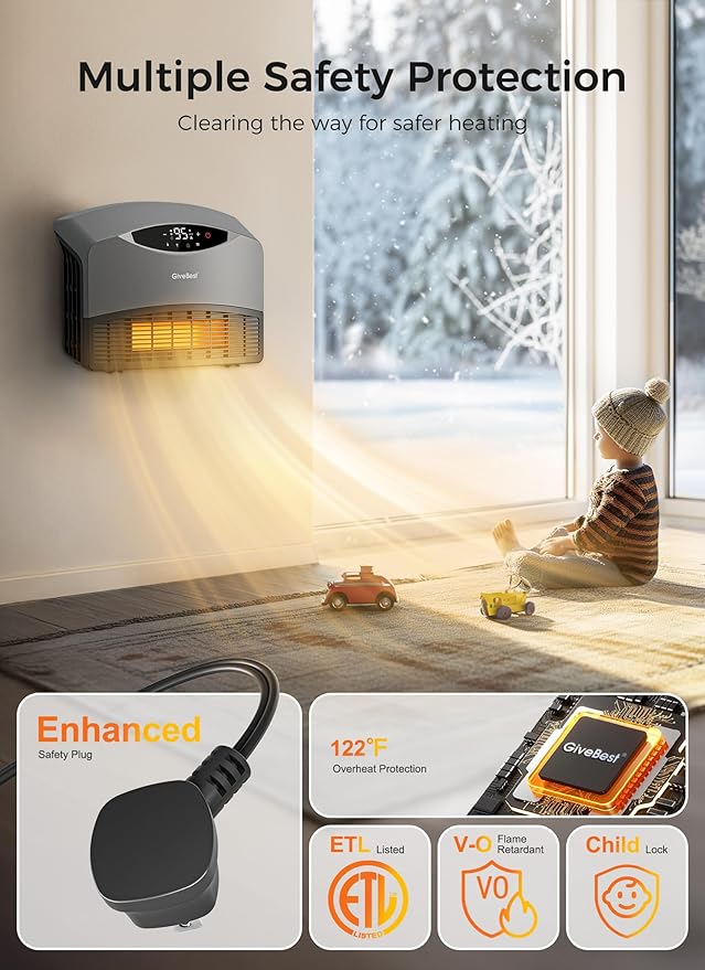 GiveBest Smart Wall Heater with WiFi and Remote Control, 1500W, Floor or Wall Mounted, 3 Heating Modes, Electric Heater with Thermostat for Living Room, Garage, Grey