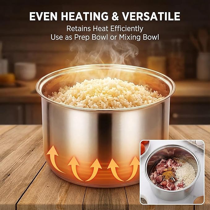 Rice Cooker Replacement Pot, Compatible with Tiger JBV-A18U and Aroma ARC-5000SB, 304 Stainless Steel Uncoated Inner Liner, Easy to Clean & Dishwasher Safe Insert