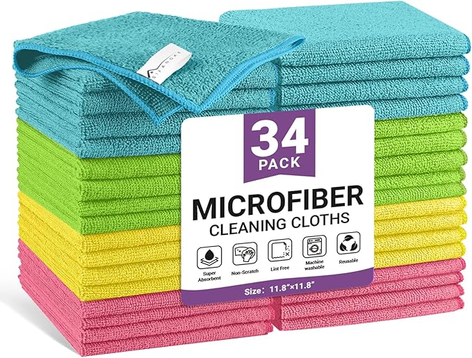 34 Pack Microfiber Cleaning Cloth, 4 Assorted Colors Cleaning Rags by Unknown
