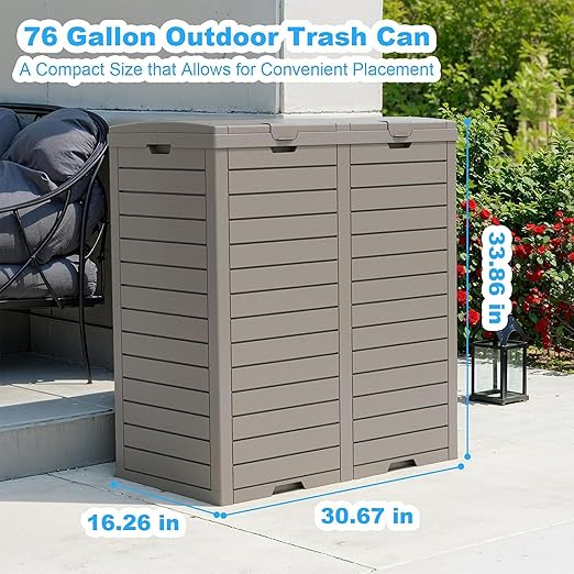 Outdoor Trash Can with Lid, Outdoor Trash Bin & Pull-Out Liquid Drawer, Dual Lid Closure Design, Waterproof Resin Garbage Can Container for Patio, Backyard, Deck (Grey, 76 Gallon)