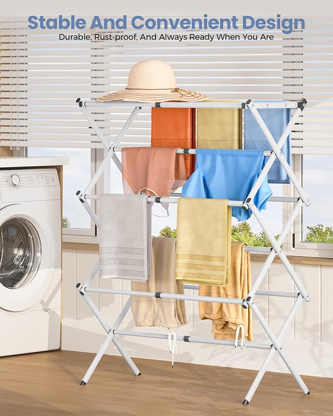 Oversize 3-Tier Clothes Drying Rack, No Install, Non-slip feet, Tool-free Setup - Image 8