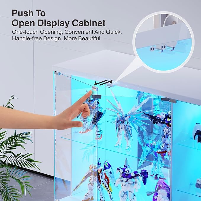 Lvifur Glass Display Cabinet with Lock & LED Light, High Gloss Sideboard with Human Body Sensor & Glass Shelves for Toys, Books, Collectibles, Liquor, Bookcase for Living Room, Kitchen, Study, White