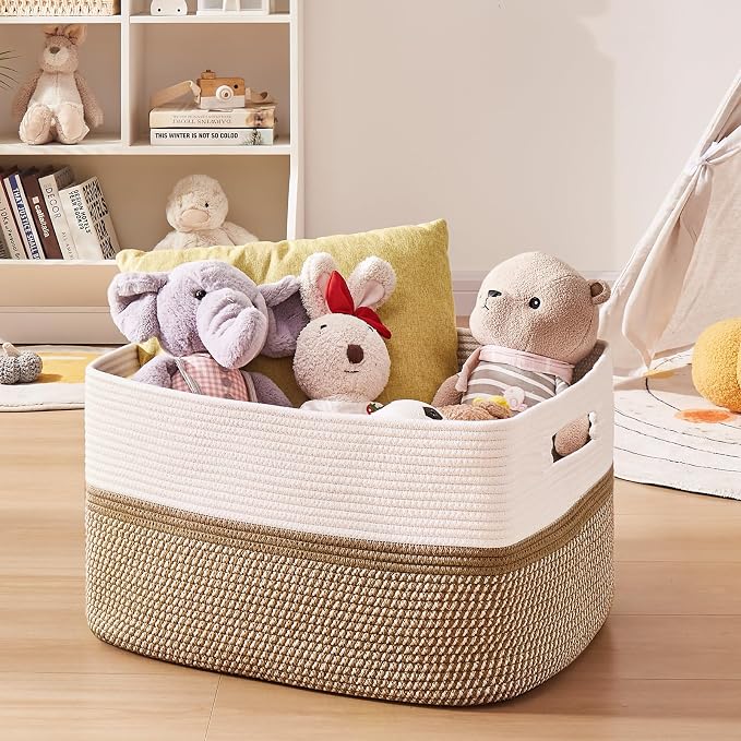 OIAHOMY Blanket Basket Laundry Basket Dog Toy Basket 75L Yellow/White - Image 5